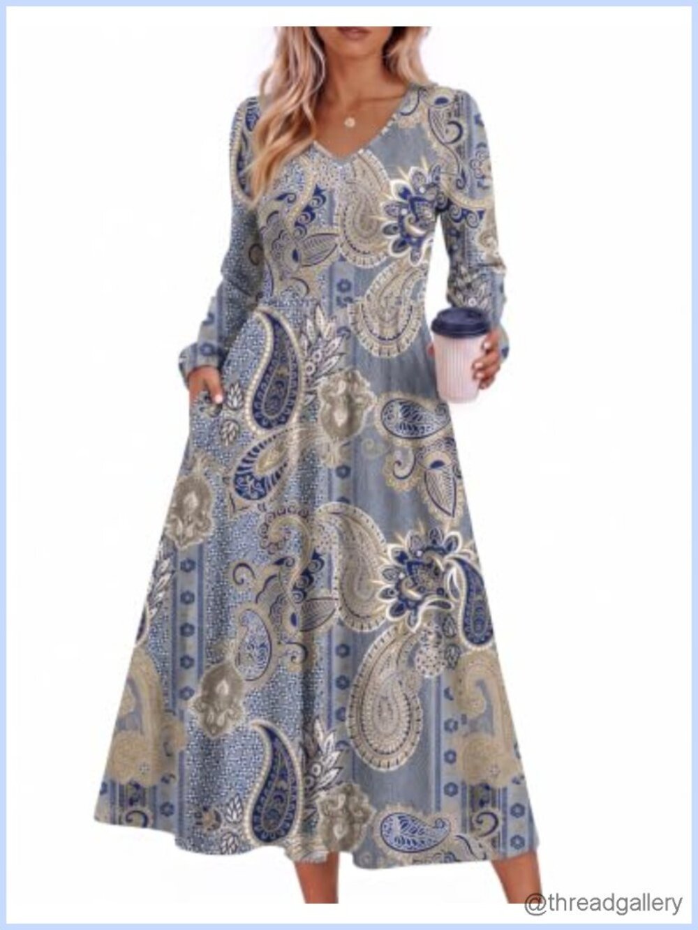 Zeagoo Long Sleeve Midi Dress with Pockets Fall V Neck A-Line Casual Women